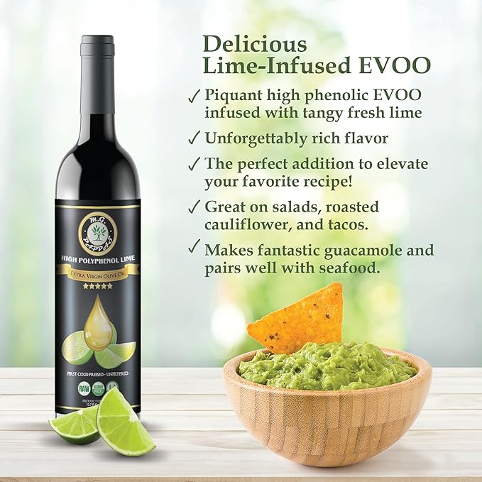 M.G. PAPPAS High Polyphenol Rich Lime Infused Olive Oil Extra Virgin - Over 500mg/kg - Unfiltered Cold Pressed Greek EVOO - Award Winning - Cooking Lime Oil – 12.7 Oz 375ml