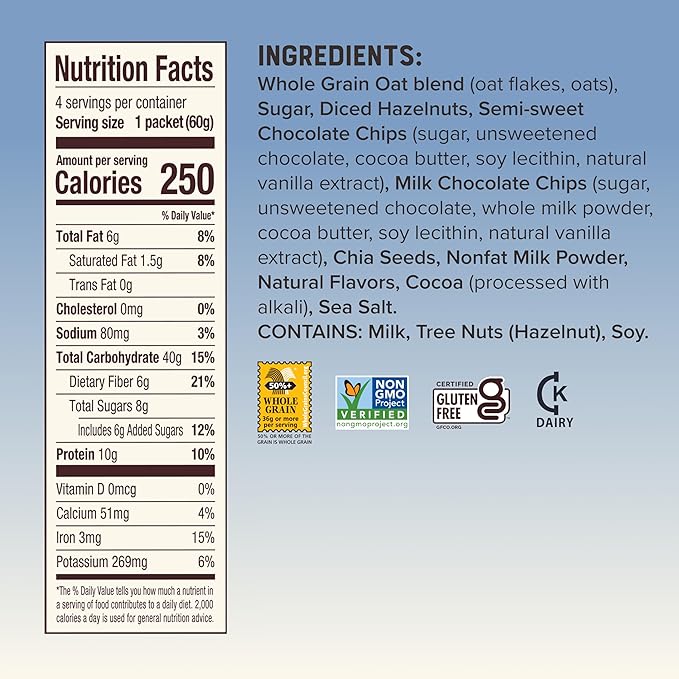 Bob's Red Mill Overnight Protein Oat Packets Chocolate Hazelnut (4 Boxes/4 Packets per Box) Non-GMO Gluten Free Whole Grain