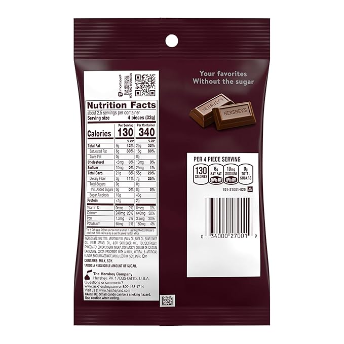 HERSHEY'S Zero Sugar Chocolate Candy Bags 3 oz (12 Count)