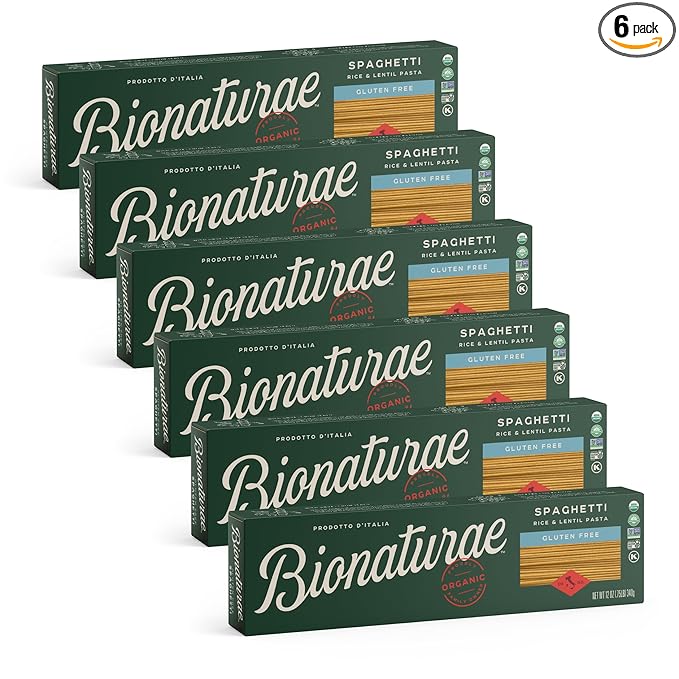 Bionaturae Spaghetti Pasta Noodles - Gluten Free Spaghetti Pasta Rice &amp Lentil Pasta Kosher High Protein Non-GMO USDA Certified Gluten Free Spaghetti Noodles Crafted in Italy - 12 Oz 6 Pac
