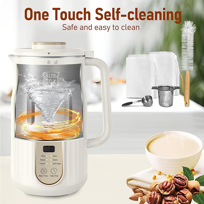 Nut Milk Maker AlfaBot N2 Automatic Almond Milk Machine for Homemade Plant-Based Milk Oat Soy Yogurt 5 Modes/35OZ Big Capacity Soy Milk Maker with Delay Setting and Self Cleaning (Cream)