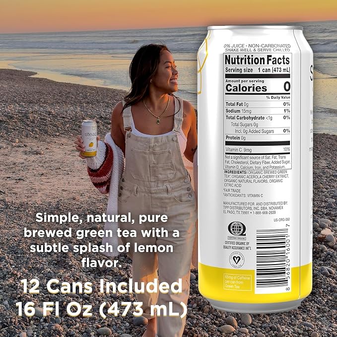 Steaz - Organic Green Tea - Unsweetened Lemon (12 Pack) - Antioxidant Brew - 65mg Natural Caffeine Zero Sugar 0 Calories Vitamin C - Unsweetened Iced Tea - Vegan - 12 Cans 16 fl oz (473mL)