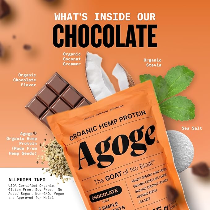 Agoge - USDA Organic Hemp Protein Powder The Goat of No Bloat NSF Certified for Sport All Flavor Essential Amino Acids Plant-Based Gluten Free for Women &amp Men (20 Servings) (Chocolate)