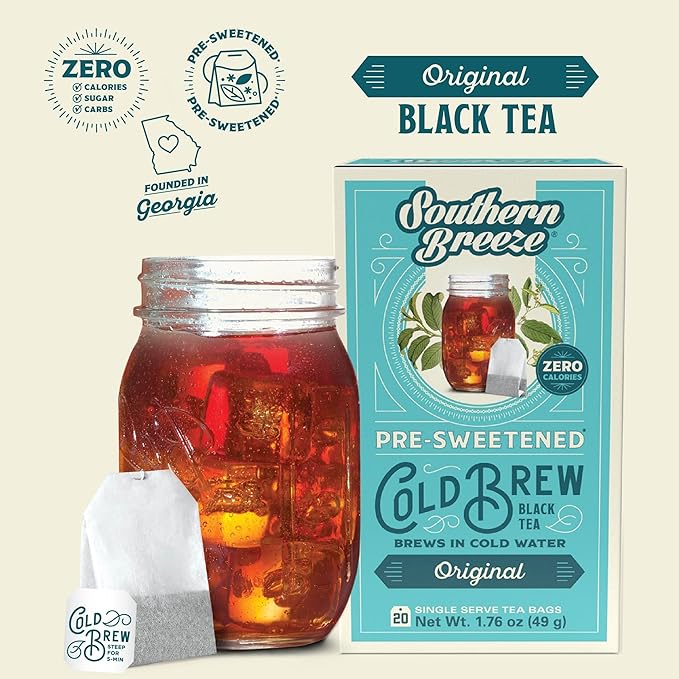Southern Breeze Cold Brew Sweet Tea Original Iced Tea with Black Tea and Zero Carbs Zero Sugar 20 Individually Wrapped Tea Bags Pack of 4