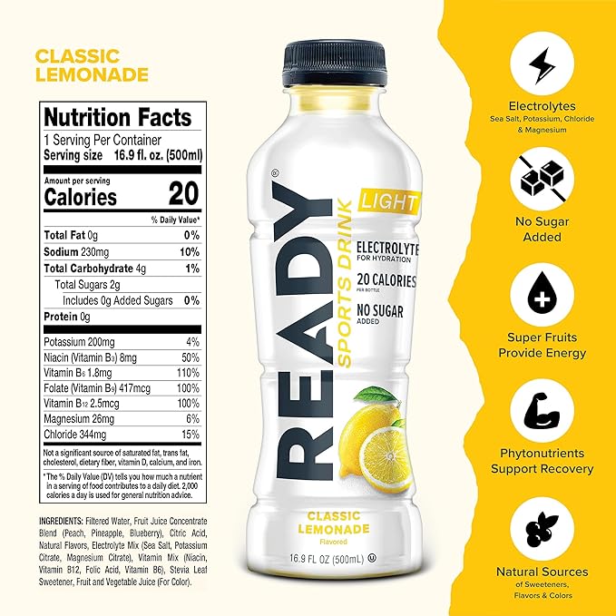 Ready® Sports Drink Light – The Ultimate Low-Calorie Hydration Drink with 4 Different Electrolytes – No Added Sugars – Naturally Sweetened &amp Flavored – Classic Lemonade16.9 oz (12-Pack)
