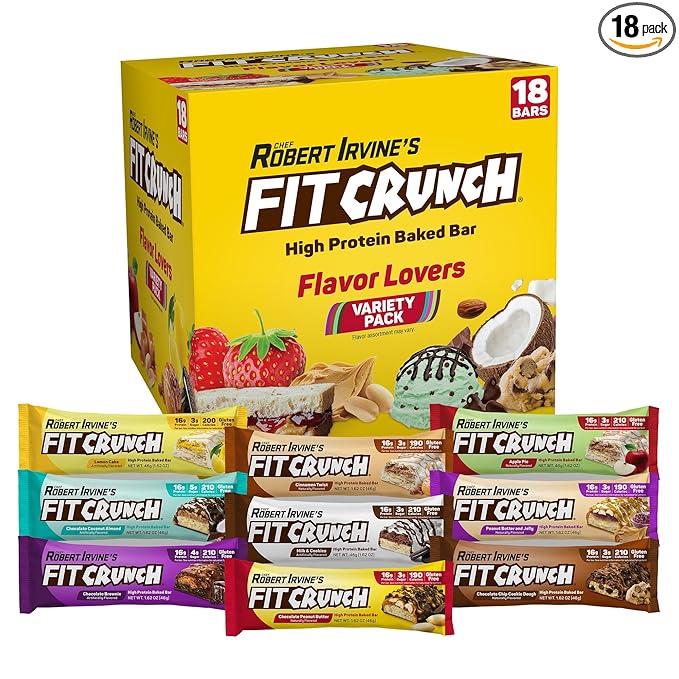FITCRUNCH Snack Size Protein Bars 6-Layer Baked Bar 3g of Sugar Gluten Free &amp Soft Cake Core (18 Count Flavor Lovers)