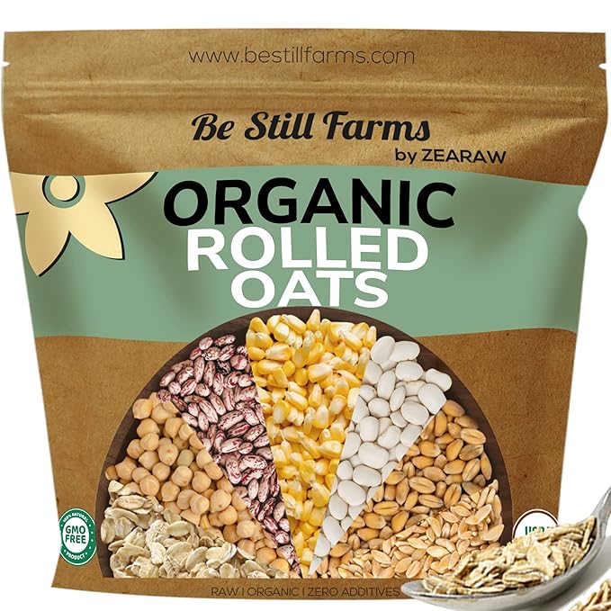 Be Still Farms Organic Oatmeal Regular Rolled Oats - Old Fashioned Oat Bulk (4.8 lb) - 100% Whole Grain | High in Fiber &amp Protein | USA Grown | USDA Certified | Vegan | Non-GMO | Sugar-Free