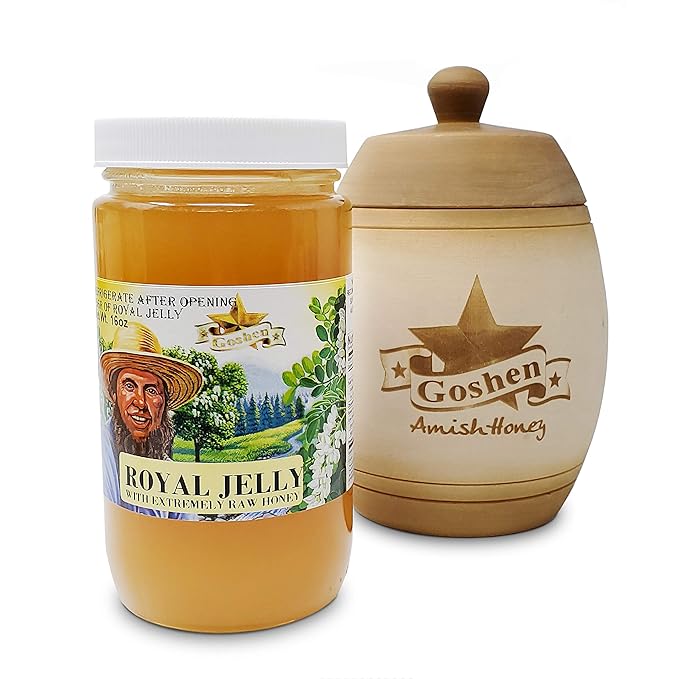 Goshen Honey Raw Royal Jelly Honey - With 25g of Royal Jelly - Unfiltered - Unprocessed - Pure &amp Natural Bee Essence from Amish Country USA - For Natural Energy - Dairy &amp Gluten Free - 454g/1
