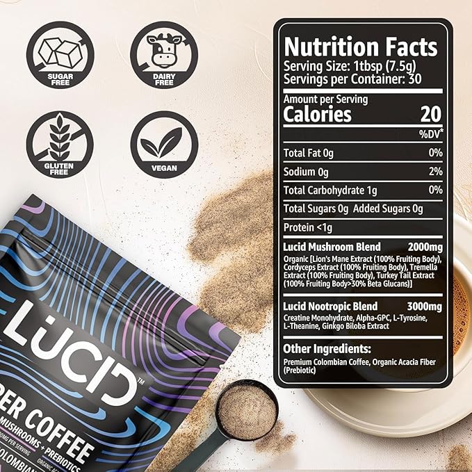 Lucid Superfood Organic Mushroom Coffee with Nootropics - Lion's Mane Tremella Cordyceps &amp Turkey Tail - Instant Mushroom Coffee Focus Brain Health - Alpha GPC L-Theanine Ginko Biloba - USA Ma