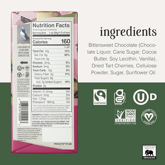 Endangered Species Dark Chocolate Bar with Cherries (72% cocoa)
