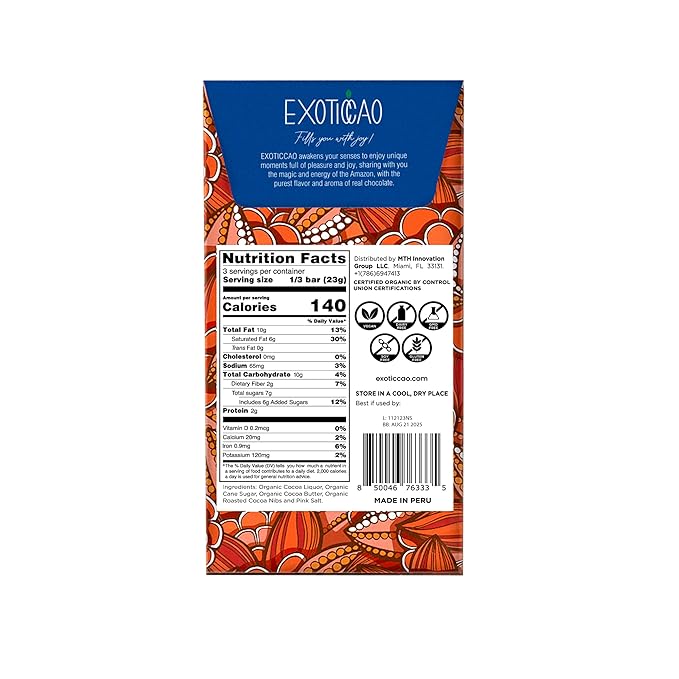 EXOTICCAO 8 Pack Cacao Nibs &amp Pink Salt Organic Dark Chocolate Bars|Cane Sugar|Gluten-Free Vegan Non GMODairy free Soy Free|70% Cacao|2.47 oz Each