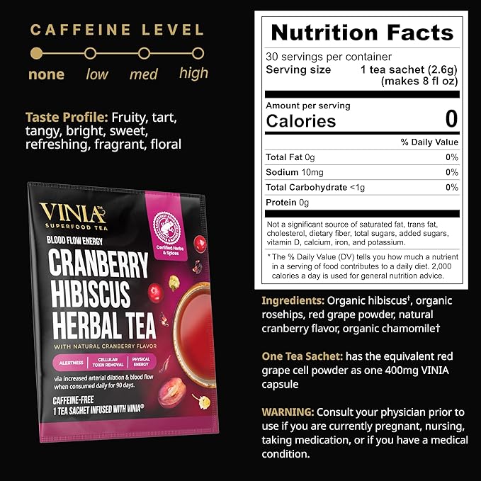 VINIA Cranberry Hibiscus Herbal Tea Bags Made with Organic Herbal Tea Infused with Piceid Resveratrol for Heart Health Nitric Oxide Physical Energy Alertness Blood Flow Keto Kosher NON-GMO. 3