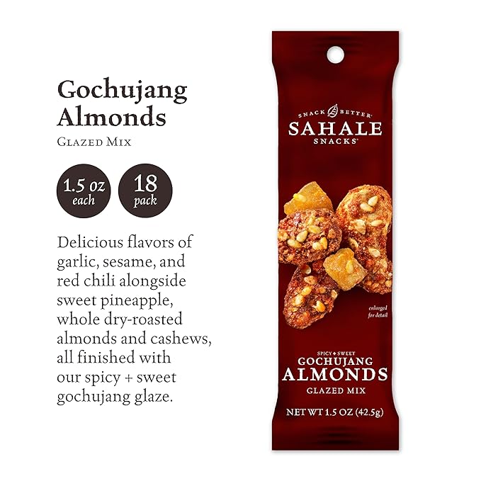 Sahale Snacks Gochujang Almonds Glazed Mix 1.5 oz Bags (18 Packs) - Dry-Roasted Deluxe Mixed Nuts Inspired By Traditional Korean BBQ - Non-GMO Kosher &amp Certified Gluten-Free Snacks
