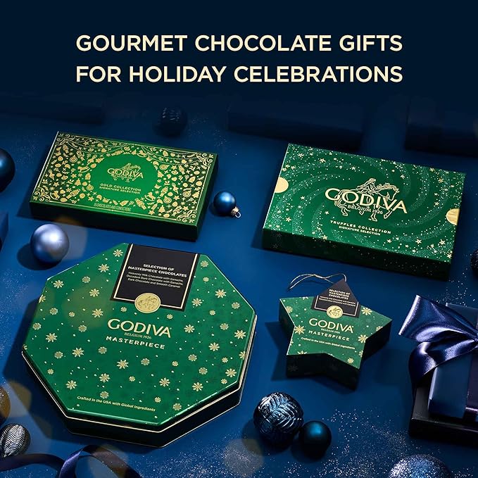 Godiva Holiday Masterpiece Gift Tin Assorted Milk &amp Dark Chocolates with Ganache and Caramel Gourmet Christmas Gift Kosher &amp Halal 50 Pc