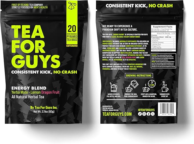 Tea for Guys: Energy Tea – Natural Caffeine Boost for Stamina Focus and Endurance | Herbal Tea for Sustained Energy &amp Mens Vitality – 20 Biodegradable Tea Bags