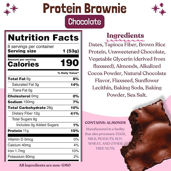 Elavi Protein Brownie 11g Protein Non-Dairy Vegan &amp Gluten Free Delicious Guilt-Free Snack | No Artificial Flavors No Added Sugar No Sugar Alcohols High in Fiber (Chocolate Fudge)