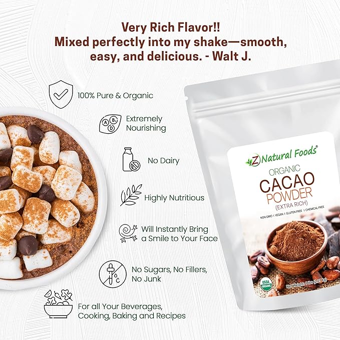 Z Natural Foods Organic Cacao Powder - Unsweetened Nutrient-Dense Superfood for Healthy Aging - Extra-Rich Dark Chocolate Flavor Perfect for Chocolate Recipes Shakes or Smoothies 5 lbs