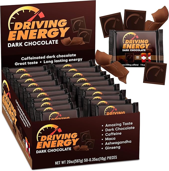 Driving Energy – Caffeinated Chocolate Energy Boost – Perfect for Helping Stay Awake While Working Driving Sports and Work With No Crash – 50 Count