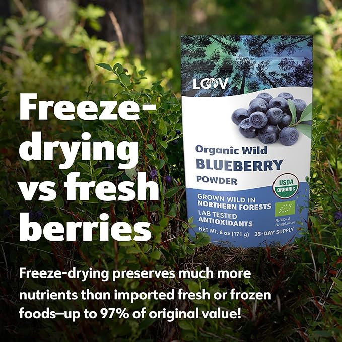 LOOV Organic Wild Blueberry Powder - 29-Day Supply 6 Oz Good for Smoothie &amp Breakfast Freeze-Dried from Northern Europe No Added Sugar