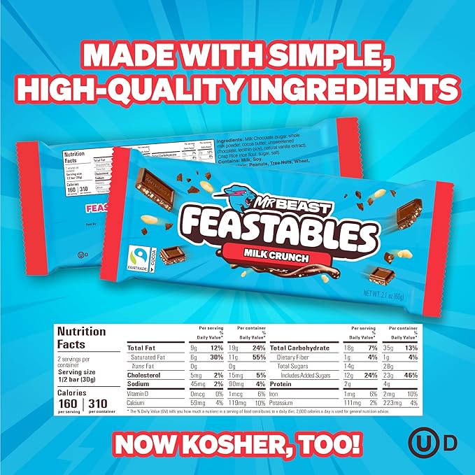 MrBeast Feastables Milk Chocolate Combo Pack 20 Count King Size Milk Chocolate &amp Milk Crunch Bars Crispy Rice Candy 2.1oz Each