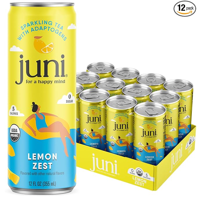 Juni Sparkling Adaptogen Drink with Ashwagandha Lion’s Mane &amp Reishi Mushrooms Green Tea for Focus Zero Sugar 5 Calories Organic Non Alcoholic Drinks - Lemon 12 pack
