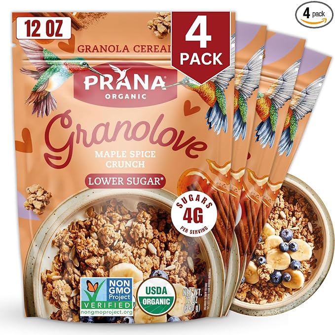 Prana Granolove - Maple Spice Organic Granola Cereal | Rich in Fiber &amp Protein Vegan Non-GMO Kosher and Low-Sugar - 12 oz Bags - 4 Pack