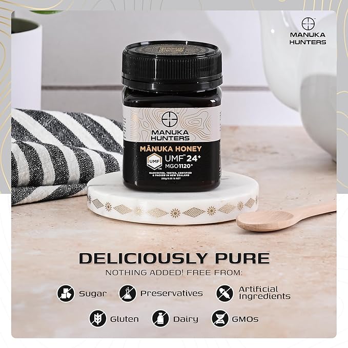 Manuka Hunters UMF 24+/MGO 1120+ Certified New Zealand Manuka Honey - 100% Pure Natural Sweetener - Gluten Dairy Free - Ideal for Tea Coffee Smoothies and Baking - Sustainable - 8.8oz/250g Jar