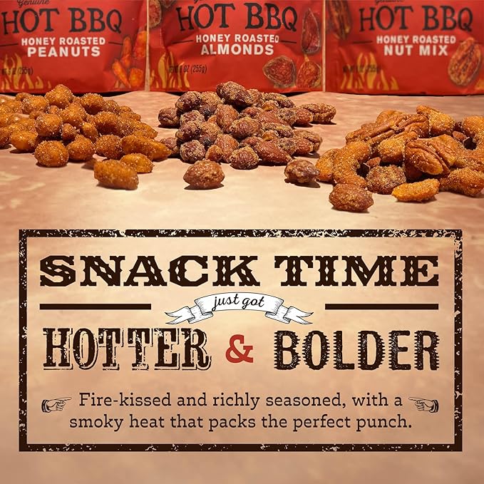 Rufus Teague Hot BBQ Variety Pack – Sweet Spicy &amp Smoky Honey Roasted Nuts Almonds and Peanuts 9 oz Resealable Pouches (3 Pack)