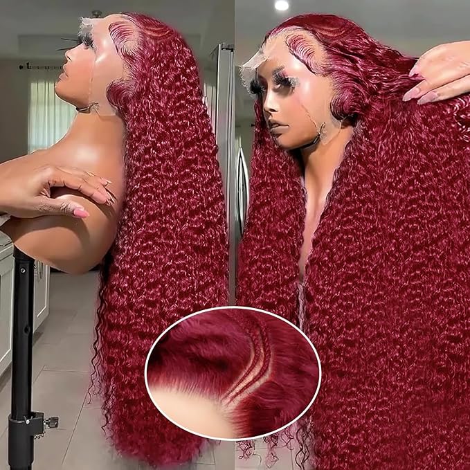 250% Density Burgundy Wig Human Hair 13X4 99j Burgundy Lace Front Wigs Human Hair 13x4 Braided Wigs For Black Women HD Deep Wave Curly Human Hair Wig with Baby Hair 28 Inch