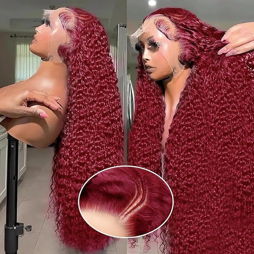 250% Density Burgundy Wig Human Hair 13X4 99j Burgundy Lace Front Wigs Human Hair 13x4 Braided Wigs For Black Women HD Deep Wave Curly Human Hair Wig with Baby Hair 28 Inch