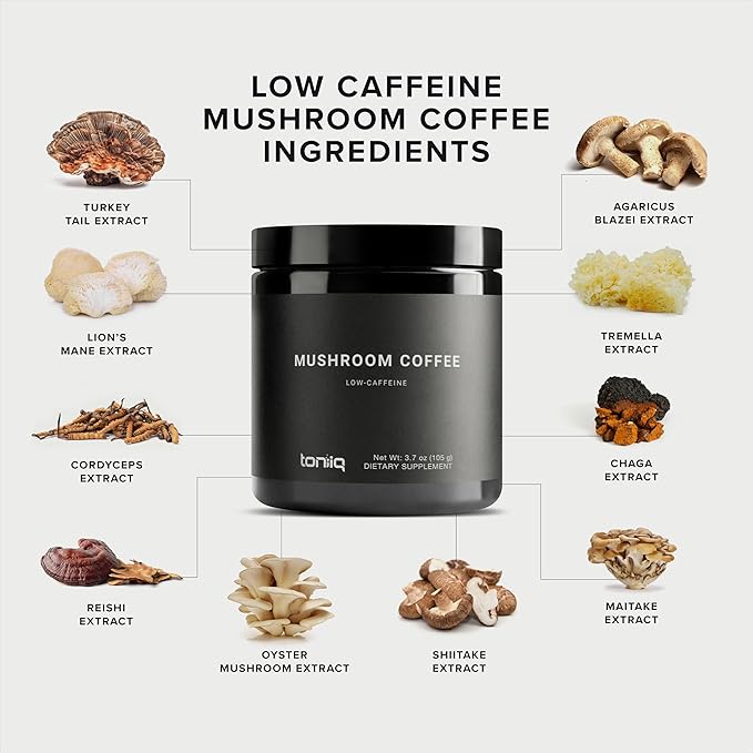 Toniiq Low-Caffeine Mushroom Coffee - Ultra High Potency 10:1 Concentrated Extract - Colombian Sourced Beans with 10 Mushroom Blend Lion's Mane &amp Cordyceps - Functional Coffee Alternative