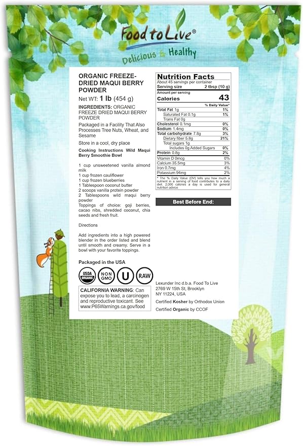 Food to Live Organic Freeze-Dried Maqui Berry Powder 1 Pound — Non-GMO Raw 100% Pure Vegan Superfood No Added Sugar Bulk Rich in Iron Fiber and Antioxidant Great for Juices Drinks and Smoot