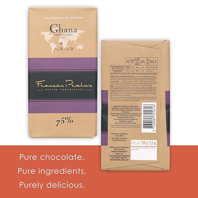 François Pralus Ghana 75% Dark Chocolate 5 Pack - French Chocolate - Bean-to-Bar Direct Trade - Vegan Soy-Free - Bundle