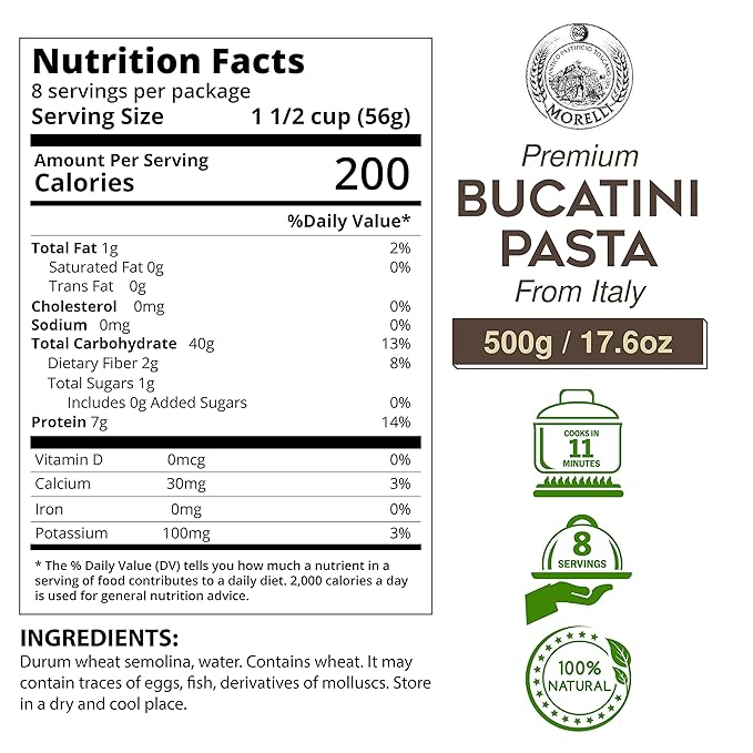 Morelli Bucatini Pasta Noodles - Premium Organic Italian Pasta from Italy - Handcrafted Family Owned Gourmet Brand - Made With Durum Wheat Semolina 17.6 oz (500 g) - Pack of 2