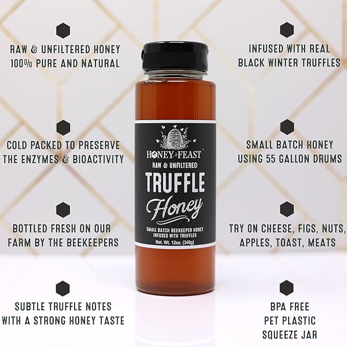 HONEY FEAST Gourmet Honey Trio Gift Set – Includes 12oz Truffle Bourbon and Orange Blossom – Perfect for Cooking Charcuterie Tea and Gifting