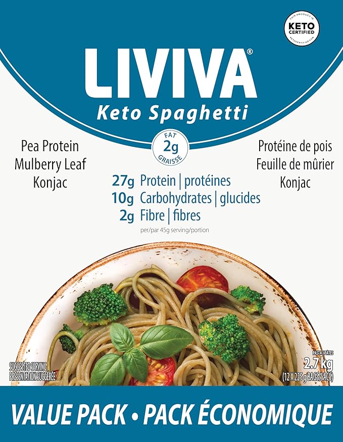 LIVIVA Low Carb High Protein KETO Value Pack Shirataki Pasta – 135 g Protein per Box with Pea Protein &amp Konjac Flour - 8g Net Carbs Diabetic-Friendly - Healthy Al Dente Pasta (12 Pack Spaghetti
