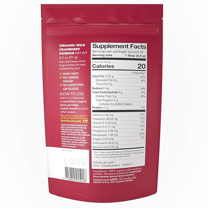 Organic Freeze-Dried Cranberry Powder – Pure 100% Natural Wild Whole Fruit Certified Organic from Nordic Forests – Non-GMO No Added Sugar – 3.2oz (18 Servings)