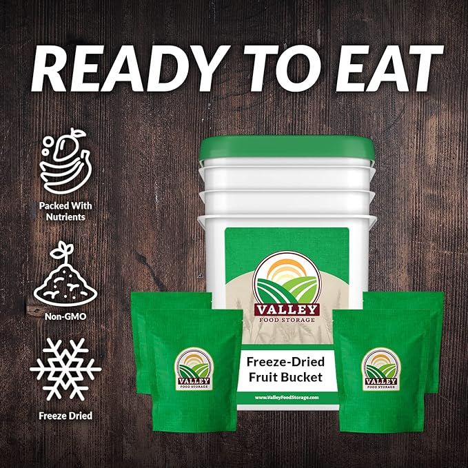 Valley Food Storage Freeze Dried Fruit Bucket | 12 Pouch Emergency Food Supply | Non-GMO Survival Food with 25 Year Shelf Life | Camping Snacks Long Term Food Storage &amp Prepper Supplies | Package