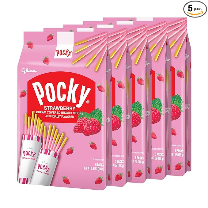 Pocky Strawberry Family Size – Pack of 5 Bags Each with 9 Individually Wrapped Pouches Classic Japanese Biscuit Stick Snack Strawberry Cream Covered Treats for Lunches Parties Gifts &amp Travel