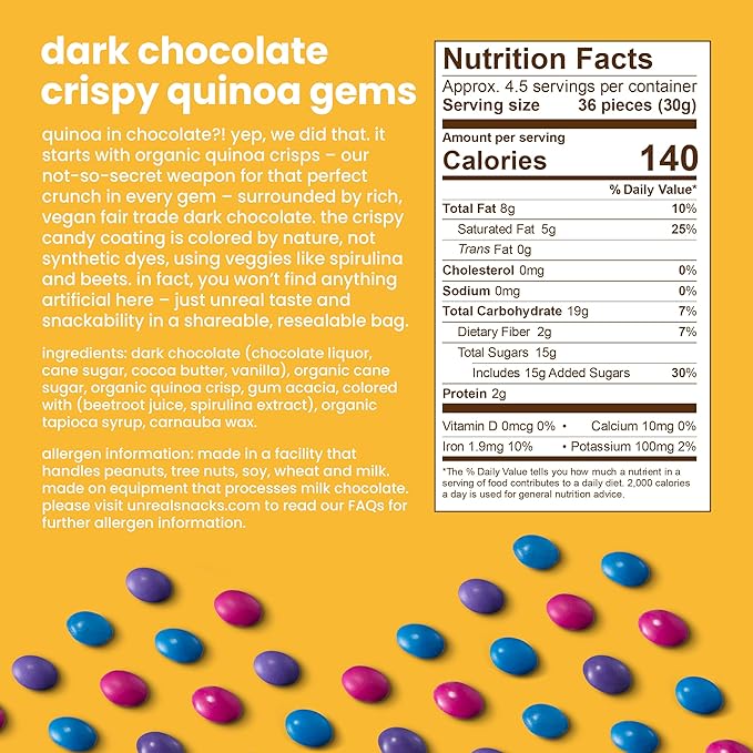 Unreal Dark Chocolate with Crispy Quinoa Zero Sugar Alcohols Non-GMO 5 Oz (Pack of 6)