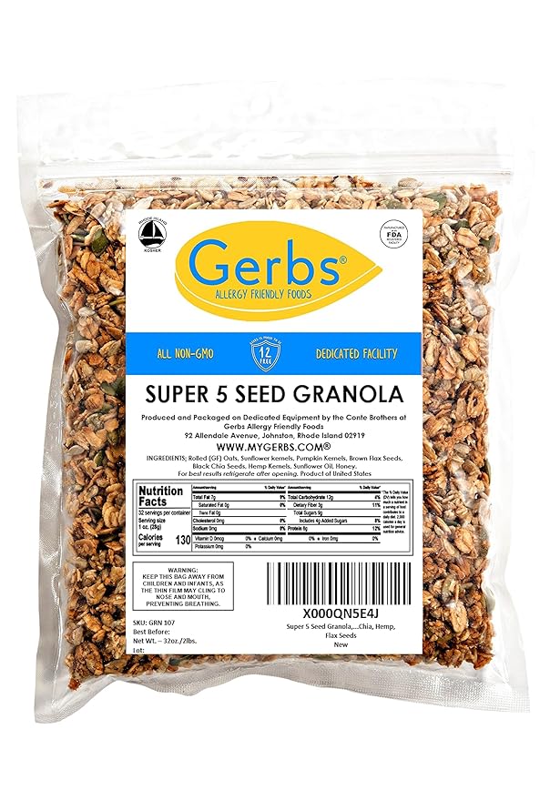 Gerbs Super 5 Seed Granola 2 LBS - Top 14 Food Allergy Free &amp Non GMO - Keto Safe &ampUnsulfured - Pumpkin Sunflower Chia Hemp Flax Seeds