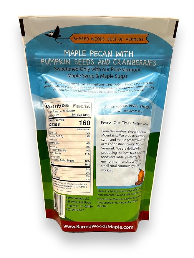 Barred Woods Maple Crunch Granola - Maple Pecan with Pumpkin Seeds and Cranberries - Sweetened With Only Our Own Vermont Organic Maple Syrup and Maple Sugar - 10oz Bag (Case of 6 Bags)