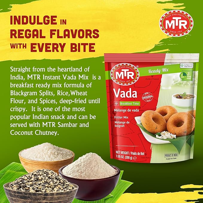 MTR Instant Vada Mix - Ready to Cook Authentic Indian Breakfast Lunch Dinner or Snack Meal - No Added Preservatives - A Quick &amp Easy Recipe Suitable for Vegetarians - (200g Pack of 6)