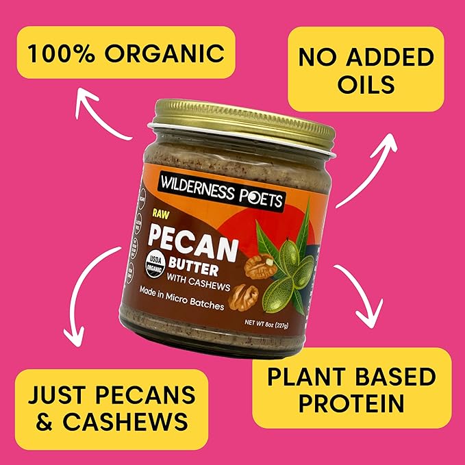 Wilderness Poets Pecan Butter with Cashews - Organic &amp Raw (8 Ounce) - Glass Jar (Pack of 2)