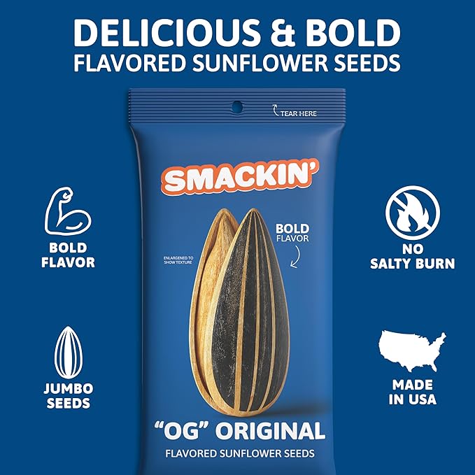 SMACKIN' Sunflower Seeds Roasted Jumbo Small-Batch American Made - Original. 1.5oz bags (36 Pack)