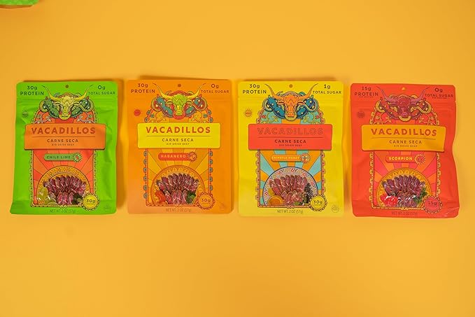 Vacadillos - High Protein Carne Seca | 30g Protein Sugar Free Carbs Free Gluten Free Dairy Free Keto &amp Paleo Friendly | Mexican Inspired Beef Jerky Snack | Scorpion Pack Of 4