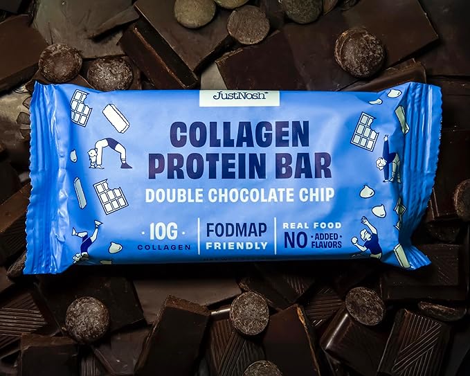 JUSTNOSH Double Chocolate Chip Collagen Protein Bars – 15g Protein 10g Collagen | Gluten &amp Dairy Free Low FODMAP Seed Oil Free (12 Pack)