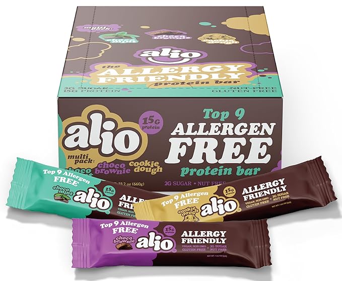 Alio Protein Bars - 3-Flavor Combo Box (12 Bars) – Free From The Top 9 Food Allergens High Protein Low-Calorie Vegan Gluten-Free Nut-Free Non-GMO Plant-Based Seed Oil Free Delicious &amp Hea