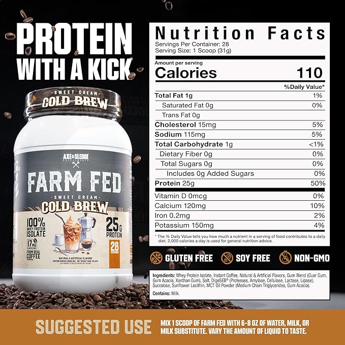 Axe &amp Sledge Farm Fed 100% Whey Protein Isolate | 25g Protein | Low Carb Low Sugar Gluten Free | Protein Powder for Men and Women | Keto | Made in The USA | 28 Servings Sweet Cream Cold Brew