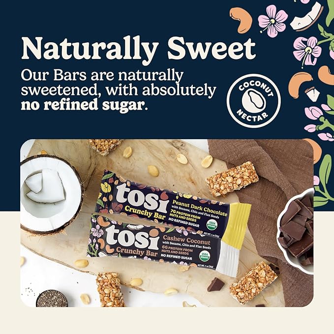 Tosi Cashew Coconut and Dark Chocolate Peanut Protein Bars Combo Plant Based with Nuts Gluten-Free Crunchy Snacks Vegan Organic Flax &amp Chia Seeds Soy-Free Omega 3s 6G/8G Protein 1 oz 12-